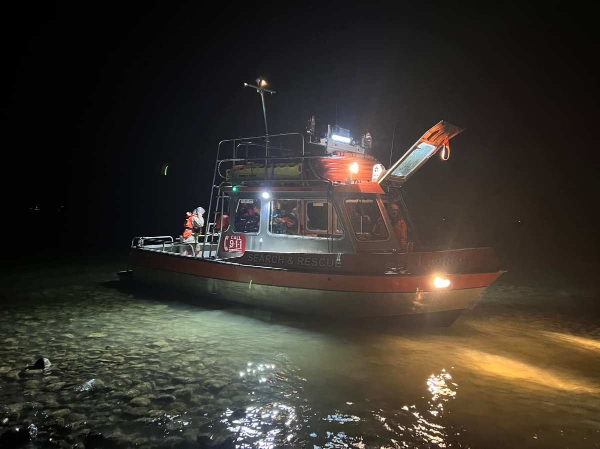 Vernon Search and Rescue says the group went out for an evening float, but were pushed from shore when winds and a storm hit.