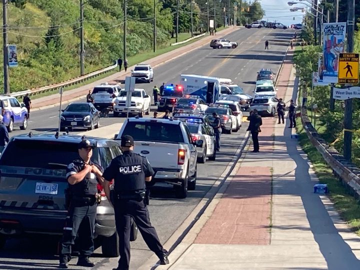 Emergency crews at the scene of a stabbing in the area of Bathurst Street and Ellerslie Avenue on Friday afternoon.