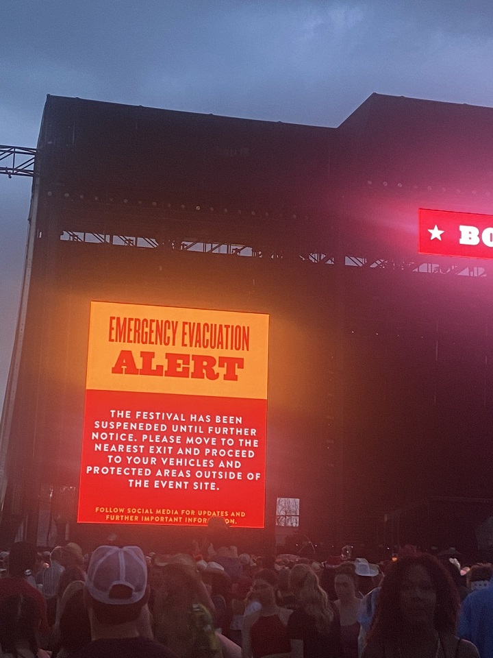 The grounds at the Boots and Hearts festival were temporarily evacuated on Sunday due to severe weather.