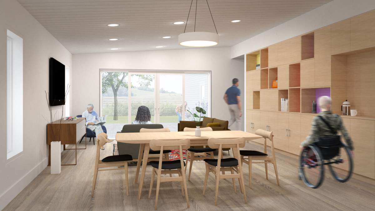 A rendering of the dining room of a small option home by RHAD Architects.