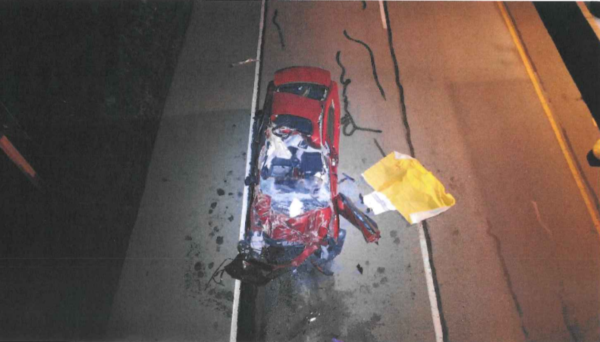 A drone photo of the wreckage of Joan Sherry’s vehicle at the scene of the October 2021 fatal collision on Highway 17A.