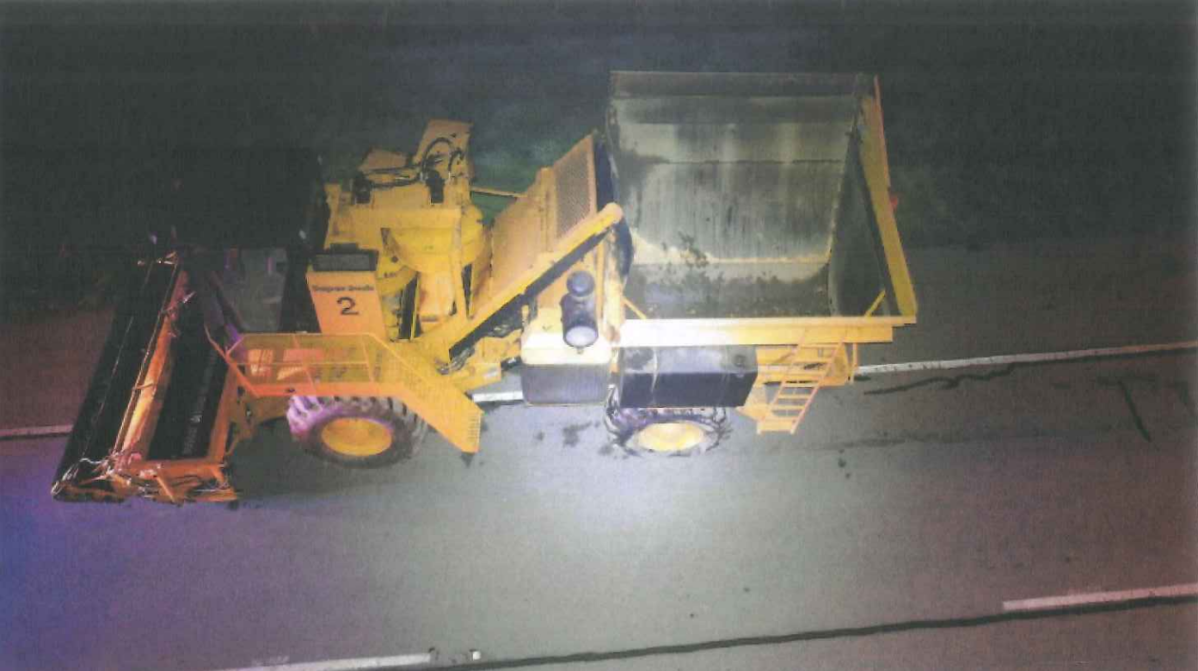 The 2002 Oxbo Super Jack bean harvester at the scene of the 2021 fatal collision.