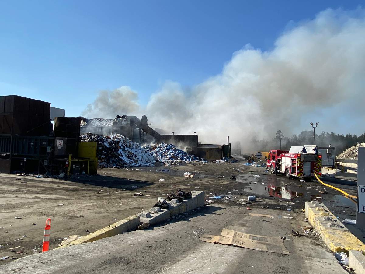 The fire at a plastics recycling plant required dozens of firefighters and trucks Aug. 25, 2022.