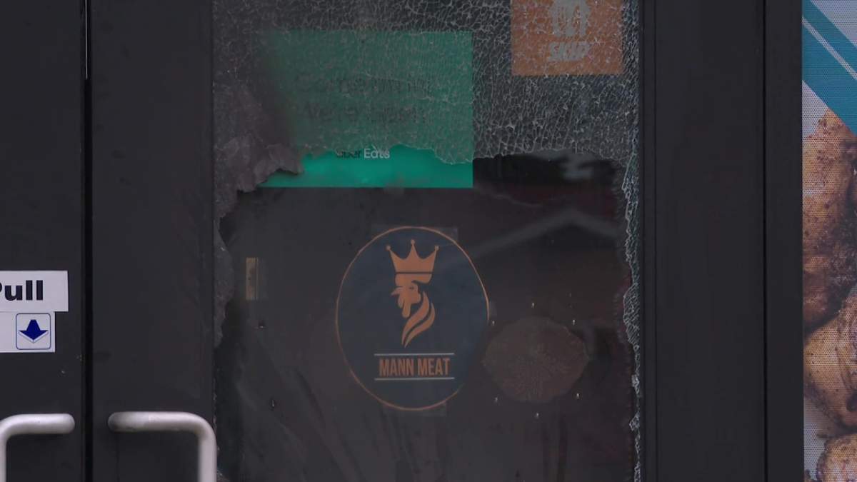 The damage left to an Edmonton restaurant after it was firebombed Aug. 1, 2022.