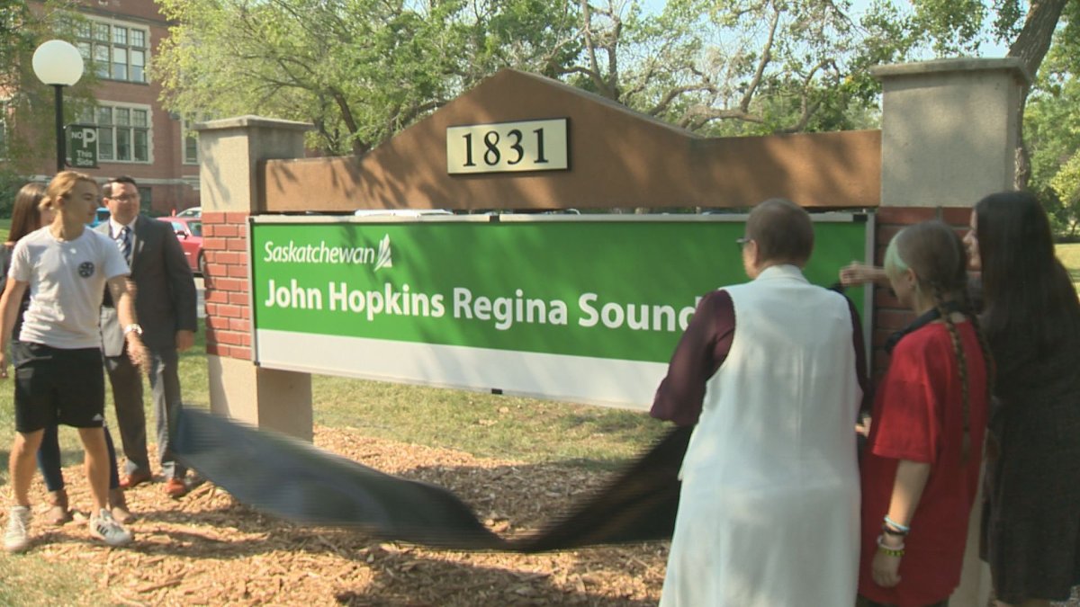Government of Saskatchewan and family of the late John Hopkins unveiled new signage to mark the John Hopkins Regina Soundstage's new name.