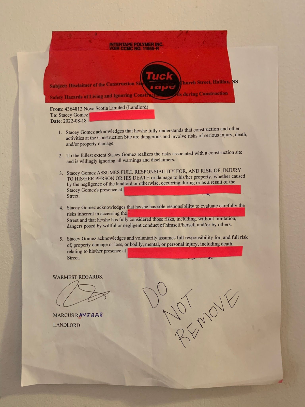 Gomez recently found this notice on her door.