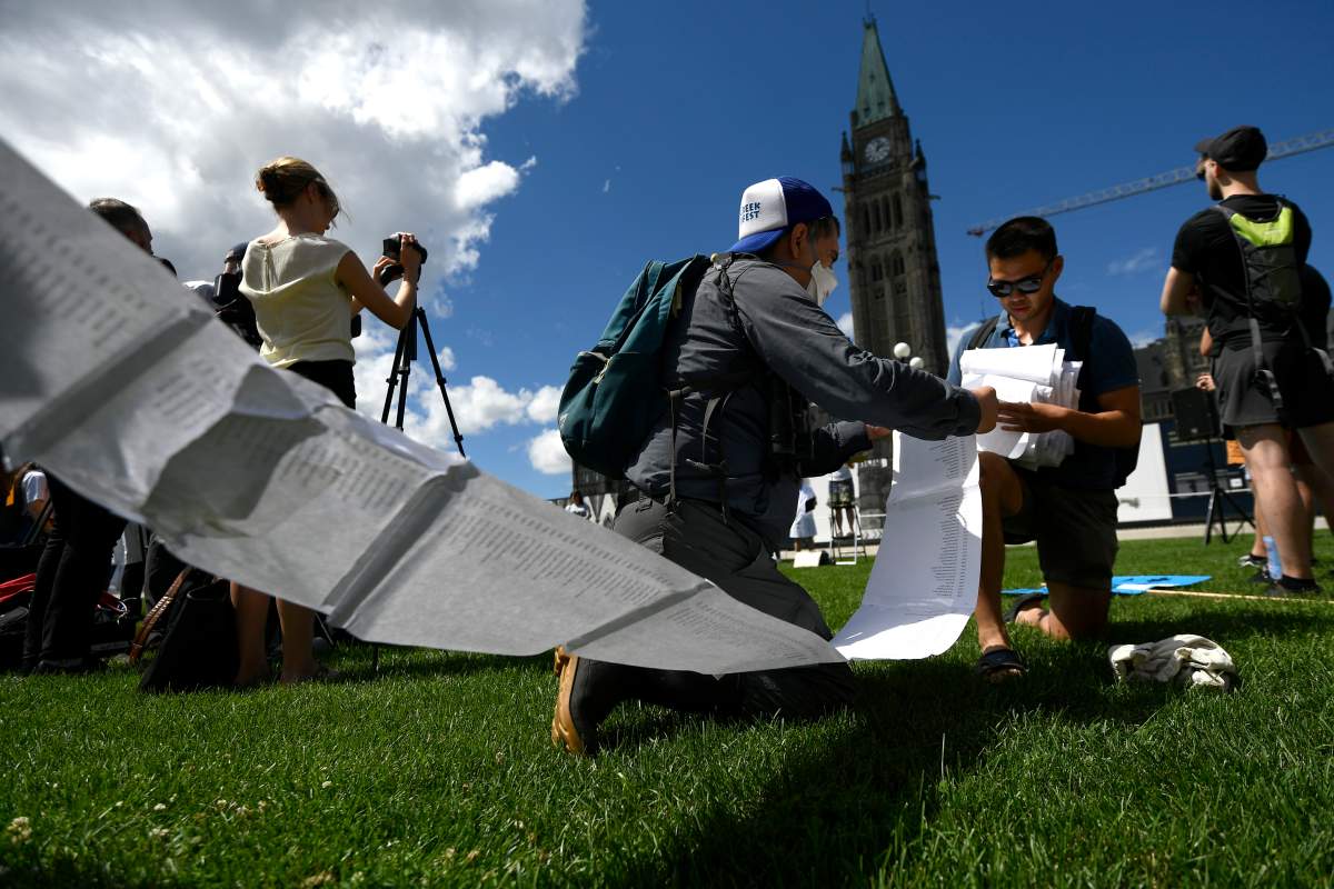 Post-doctorate students carry a long letter of signatures calling on the government to increase grants to them.