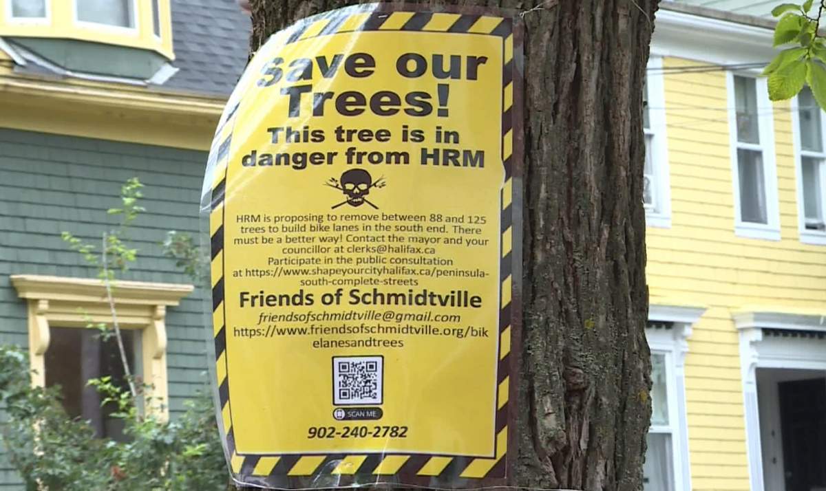 Friends of Schmidtville have posted these signs on trees around Halifax’s South End that could have to be cut down for bike lanes.