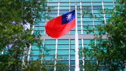 The flag of Taiwan flies at full mast.