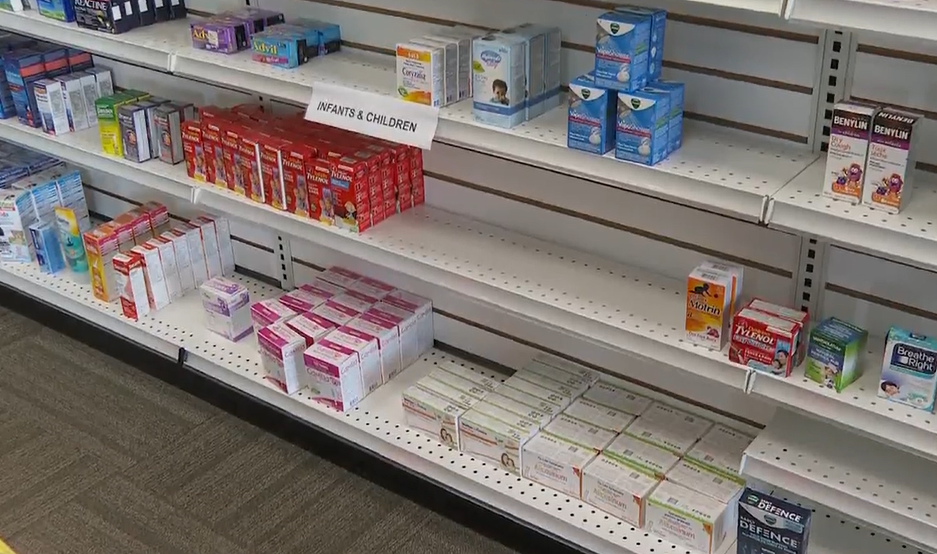 A pharmacy shelf shows a section of missing products on Fri. Aug. 19, 2022, as Canada experiences a shortage in liquid ibuprofen and acetaminophen products for children. 