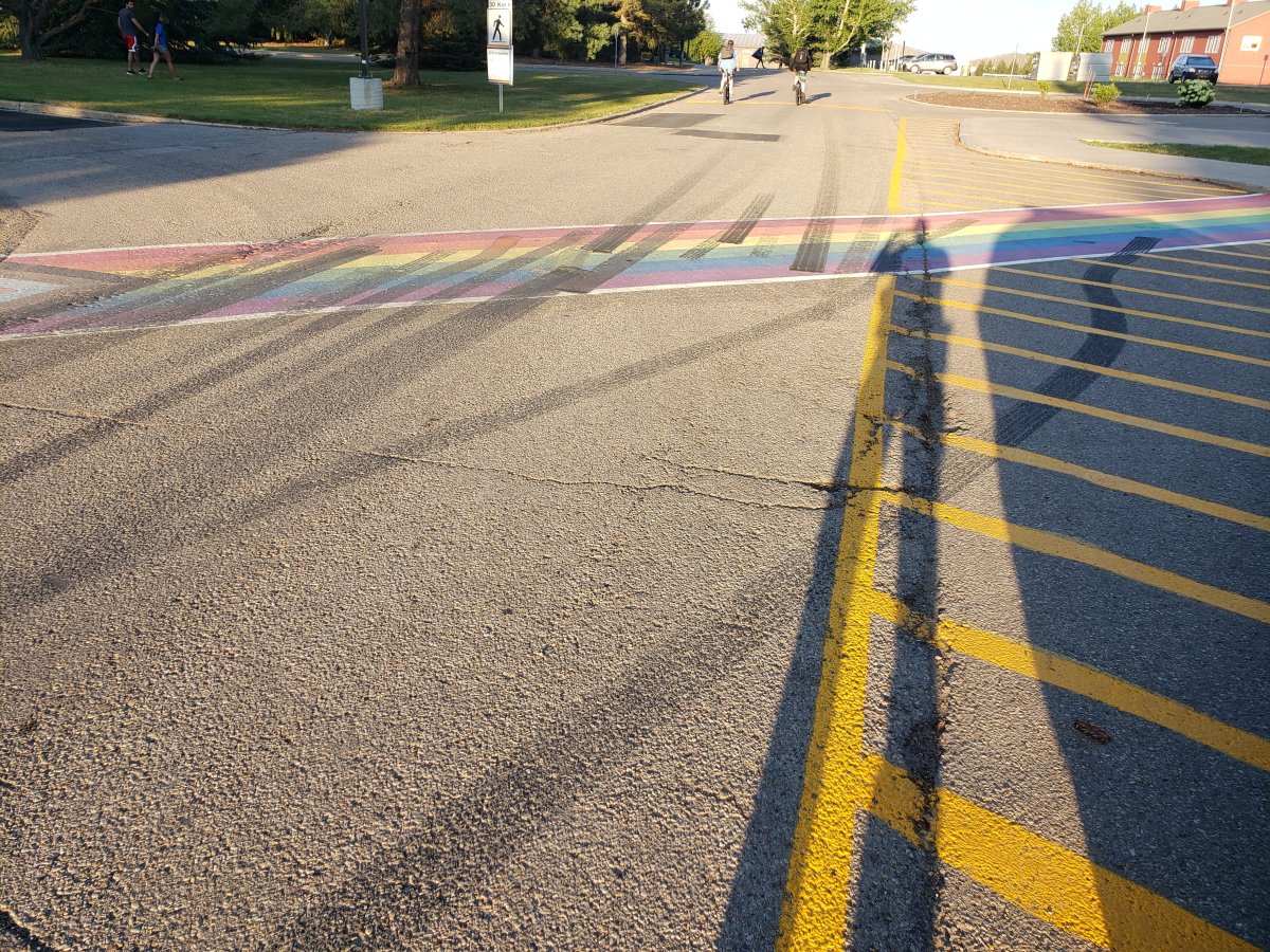 The pride crosswalk at Olds College vandalized by tire marks.