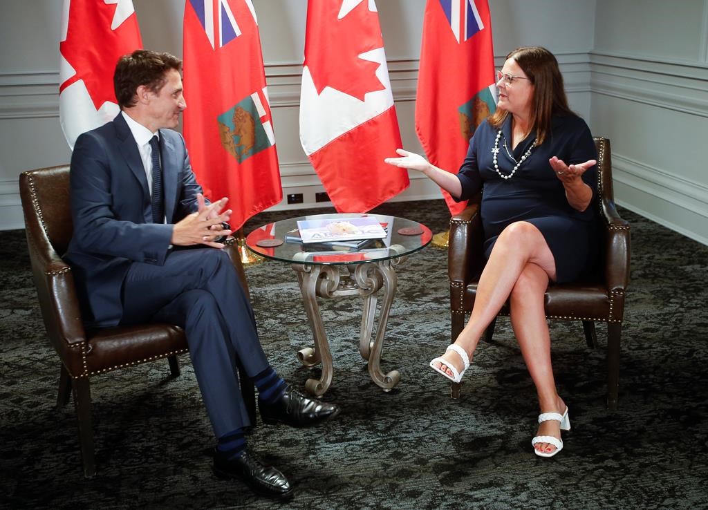 Prime Minister Justin Trudeau meets with Manitoba Premier Heather Stefanson at the Hotel Fort Garry in Winnipeg on Sept. 1, 2022. Trudeau spent the day in Winnipeg. THE CANADIAN PRESS/John Woods.