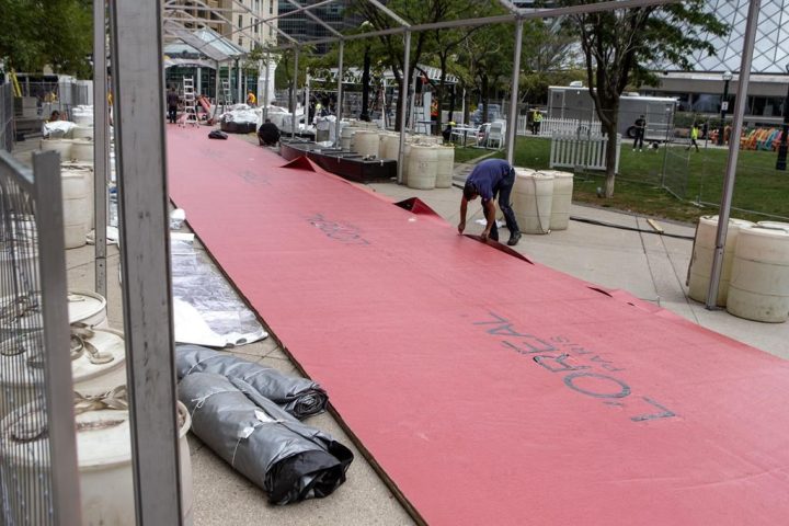 A red carpet is adjusted at Toronto’s Roy Thompson Hall on Wednesday, Sept. 7, 2022, ahead of Thursday’s start of the 2022 Toronto International Film Festival. 