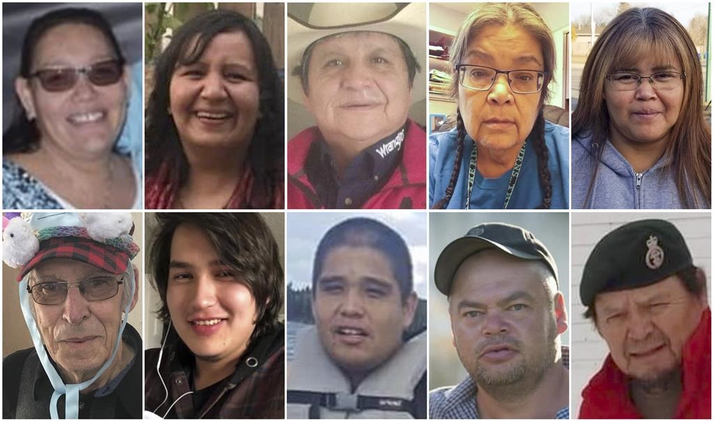 This combination of photos provided by Royal Canadian Mounted Police shows stabbing victims, from top left, Bonnie Burns, Carol Burns, Christian Head, Lydia Gloria Burns, and Lana Head. From bottom left, Wesley Petterson, Thomas Burns, Gregory Burns, Robert Sanderson, and Earl Burns. Myles Sanderson, 32, and his brother Damien, are accused of killing 10 people and wounding 18 others in the attacks that spread across the rural reserve and into the nearby town of Weldon, Saskatchewan. THE CANADIAN PRESS/Royal Canadian Mounted Police via AP.