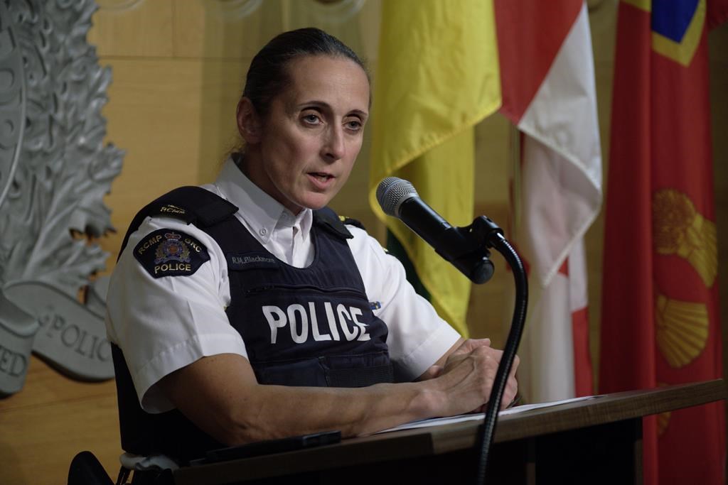 Assistant Commissioner Rhonda Blackmore speaks during a press conference at RCMP "F" Division Headquarters in Regina on Wednesday Sept. 7, 2022. THE CANADIAN PRESS/Michael Bell.