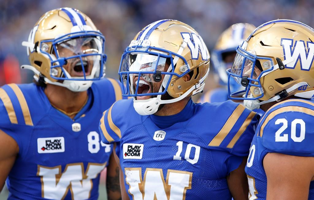 Winnipeg Blue Bombers' Nic Demski (10), Brendan OLeary-Orange (84) and Brady Oliveira (20) celebrate Demskis touchdown against the Saskatchewan Roughriders during the first half of CFL football action in Winnipeg Saturday, September 10, 2022.THE CANADIAN PRESS/John Woods.