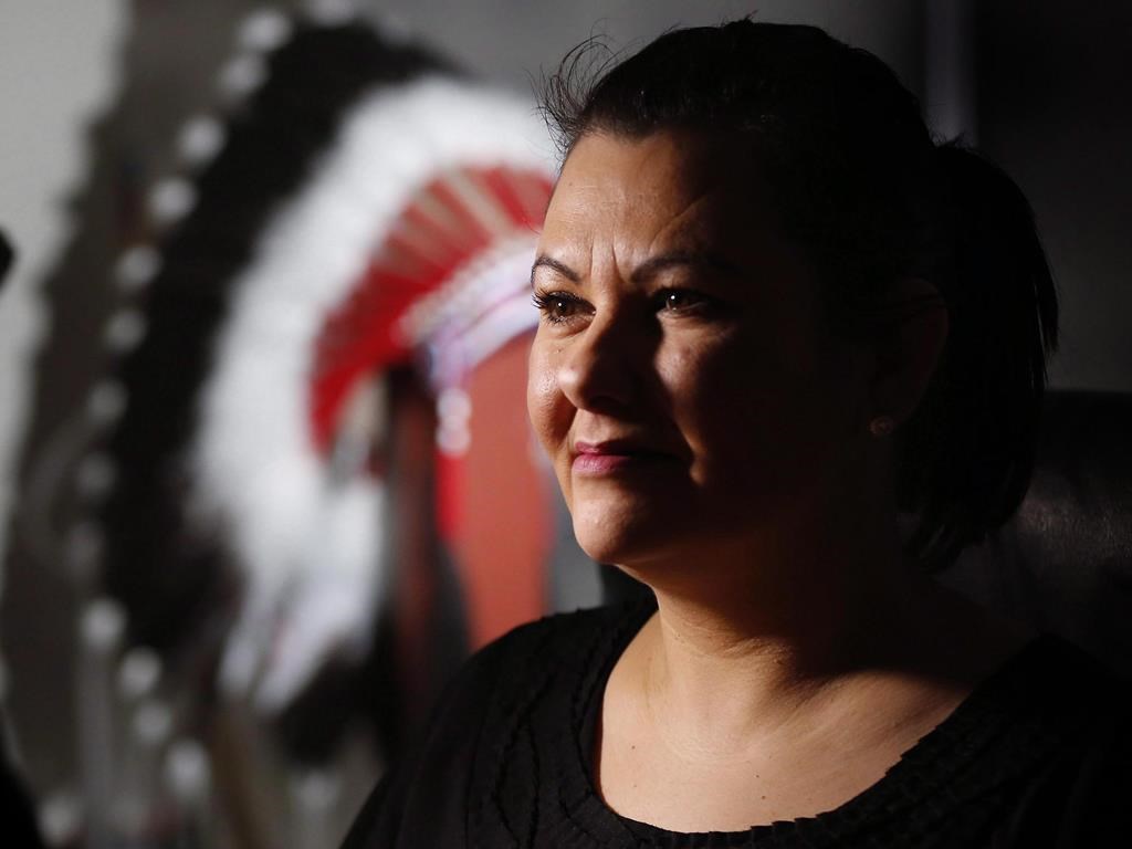 Cora Morgan, First Nations Family Advocate at The Assembly of Manitoba Chiefs (AMC) speaks at a news conference in Winnipeg, Monday, Feb. 22, 2016.