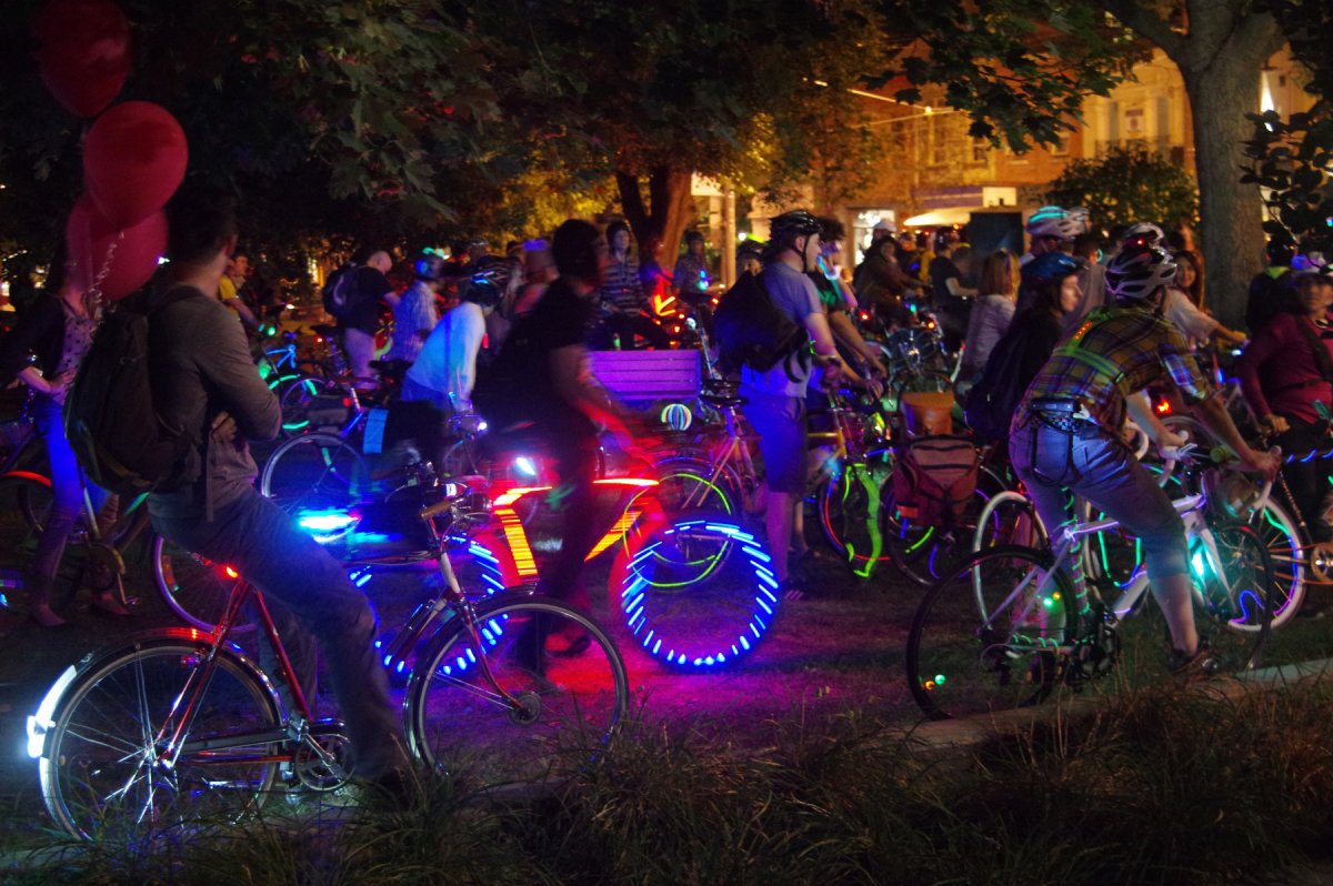 Pictures of bikes light up for a night time bike ride. 