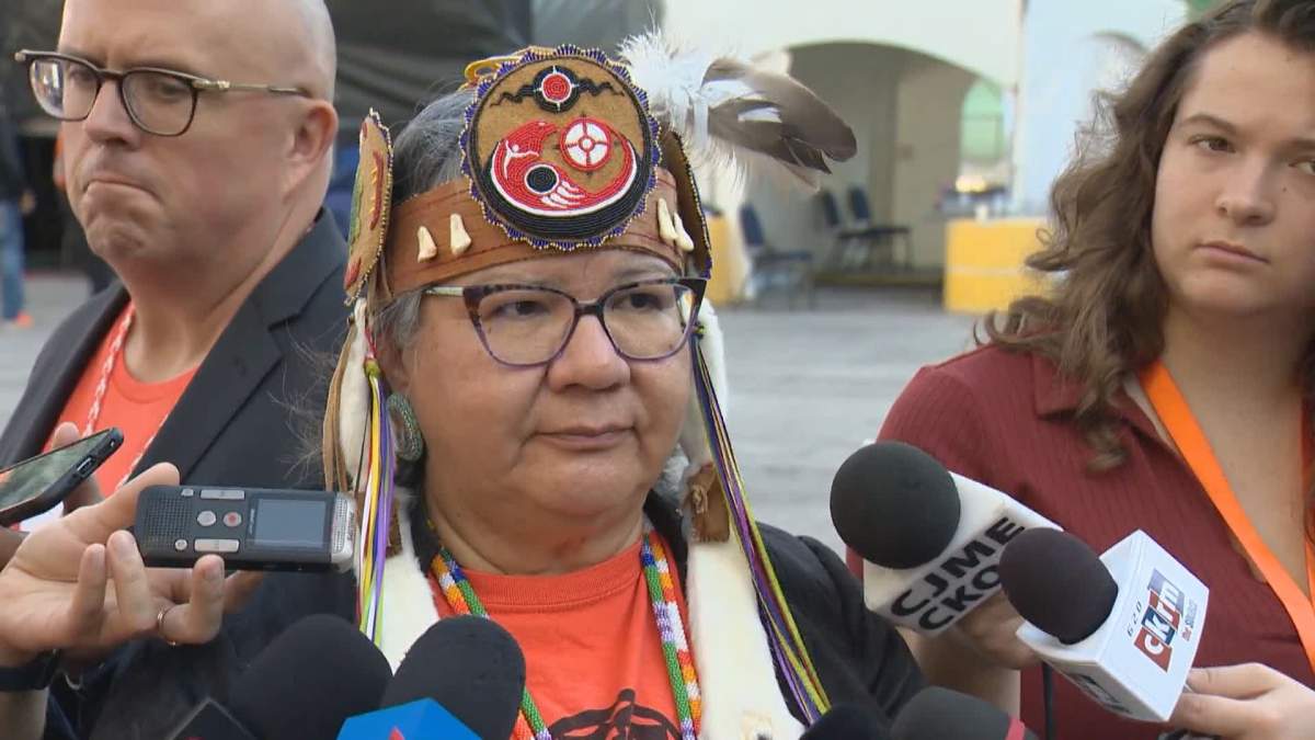 AFN Chief RoseAnne Archibald speaks to reporters about the importance of engaging youth in truth and reconciliation conversations.