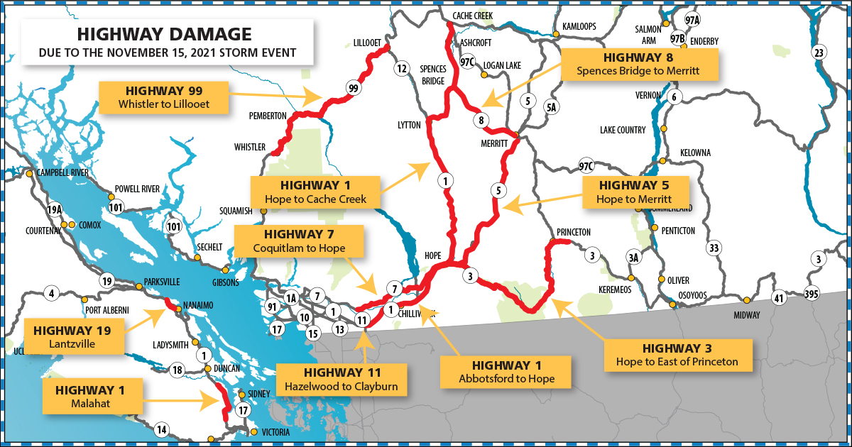 A map from the province showing what highways were damaged from last November’s rainstorms.
