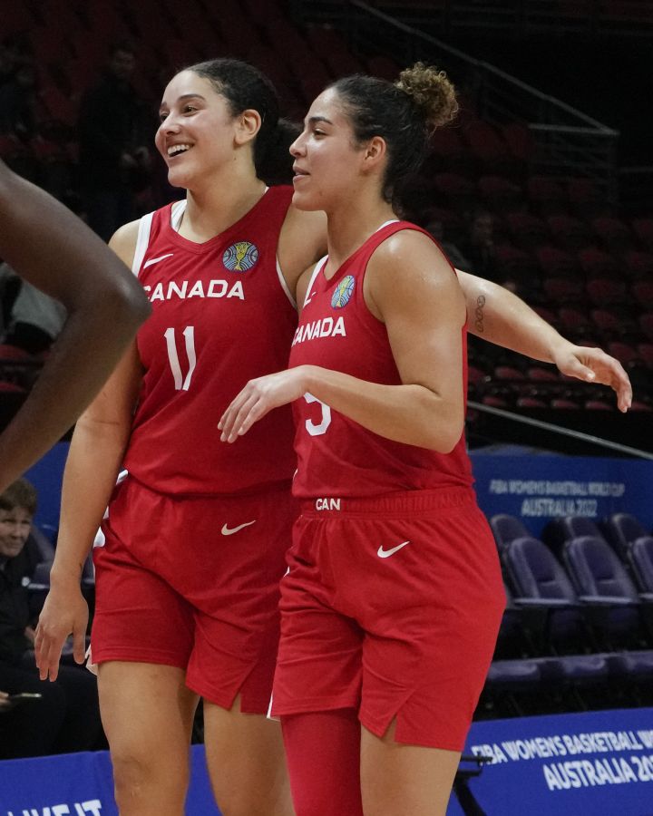 Canada's Natalie Achonwa, left, and teammate Kia Nurse walk from the court following their win over Puerto Rico in their quarterfinal game at the women's Basketball World Cup in Sydney, Australia, Thursday, Sept. 29, 2022. 