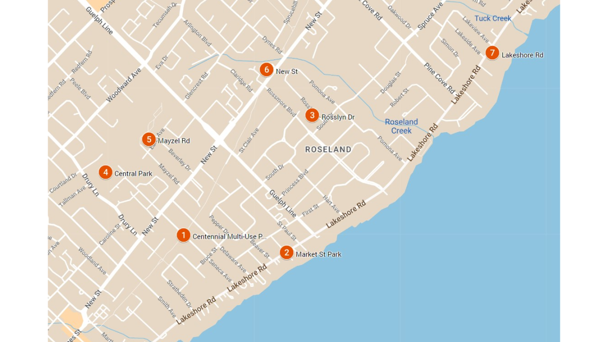 City of Burlington map tracking seven coyote attacks seen across the city during the late summer of 2022.