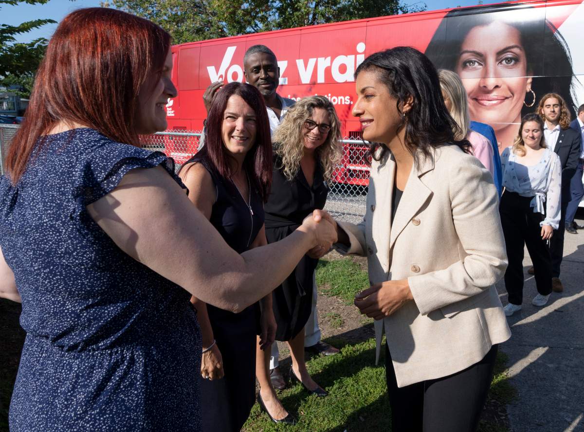 Quebec Liberal leader Dominique Anglade greets supporters while campaigning Thursday, September 8, 2022 in Laval. Quebec votes in the provincial election Oct. 3, 2022. THE CANADIAN PRESS/Ryan Remiorz