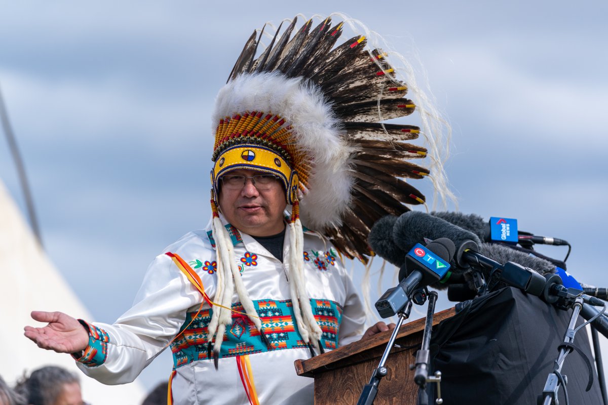 James Smith Cree Nation Chief Wally Burns speaks during a Federation of Sovereign Indigenous Nations event where leaders provide statements about the mass stabbing incident that happened at James Smith Cree Nation and Weldon, Sask. THE CANADIAN PRESS/Heywood Yu.