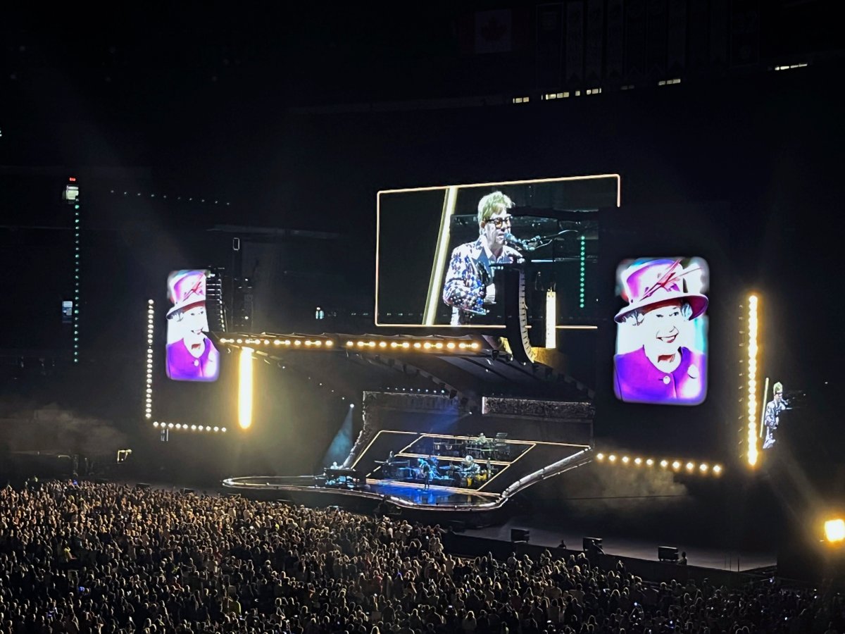 Elton John performs Thursday, Sept. 8, 2022 in Toronto. Elton John paid tribute to Queen Elizabeth II at his final concert in Toronto, on Thursday night saying she inspired him and is sad she is gone. "She led the country through some of our greatest and darkest moments with grace and decency and genuine caring," John said.  