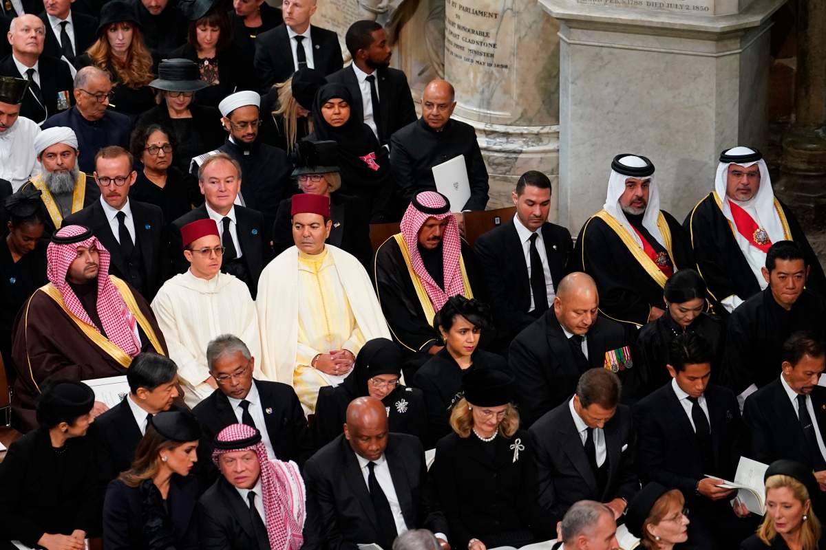 Foreign royals and dignitaries attend the state funeral of Queen Elizabeth II, held at Westminster Abbey, London, Monday, Sept. 19, 2022. (Gareth Fuller/Pool Photo via AP)