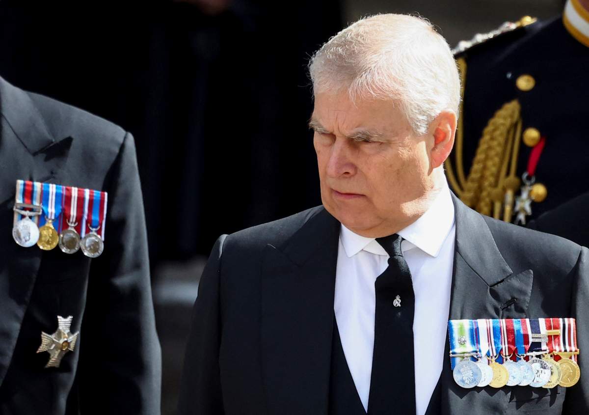 Britain’s Prince Andrew attends the state funeral of Queen Elizabeth II, in London, Monday Sept. 19, 2022. (Hannah Mckay/Pool Photo via AP)