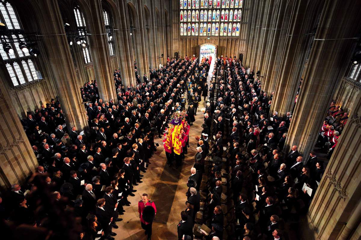 Members of the royal family follow the coffin during the Committal Service for Queen Elizabeth II at St George’s Chapel, at Windsor Castle, Windsor, England, Monday Sept. 19, 2022. (Ben Birchall/Pool via AP)