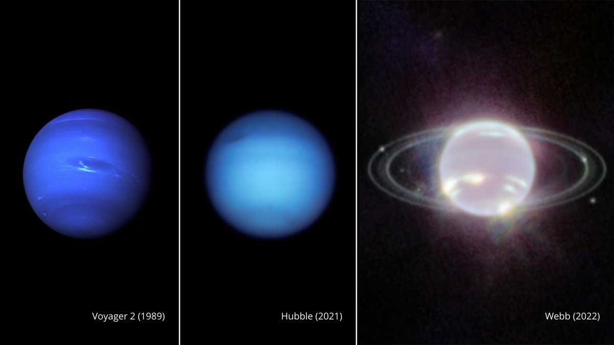 This composite image provided by NASA on Wednesday, Sept. 21, 2022, shows three side-by-side images of Neptune. From left, a photo of Neptune taken by Voyager 2 in 1989, Hubble in 2021, and Webb in 2022. In visible light, Neptune appears blue due to small amounts of methane gas in its atmosphere. Webb's Near-Infrared Camera instead observed Neptune at near-infrared wavelengths, where Neptune resembles a pearl with thin, concentric oval rings.