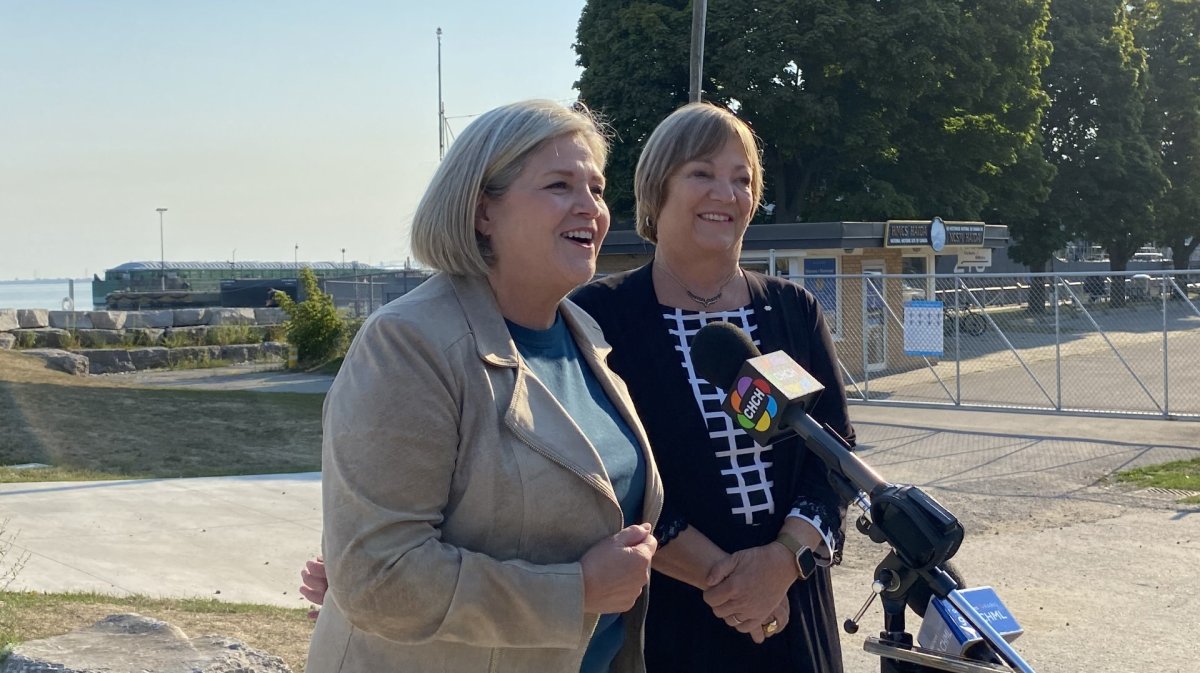 Andrea Horwath and Sheila Copps stand side-by-side in front of some microphones while Copps announces that she's endorsing Horwath as a mayoral candidate for the Hamilton municipal election.