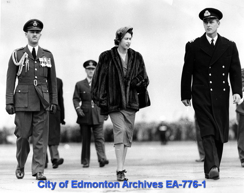Princess Elizabeth and the Duke of Edinburgh Escorted by R.C.A.F. Officer during a visit to Edmonton in 1951.