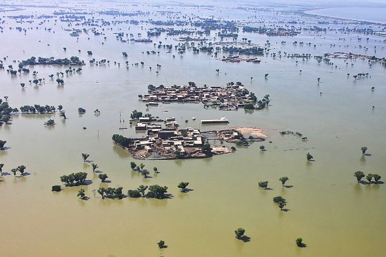 This aerial photograph taken on September 1, 2022 shows a flooded residential area after heavy monsoon rains in Dadu district of Sindh province.