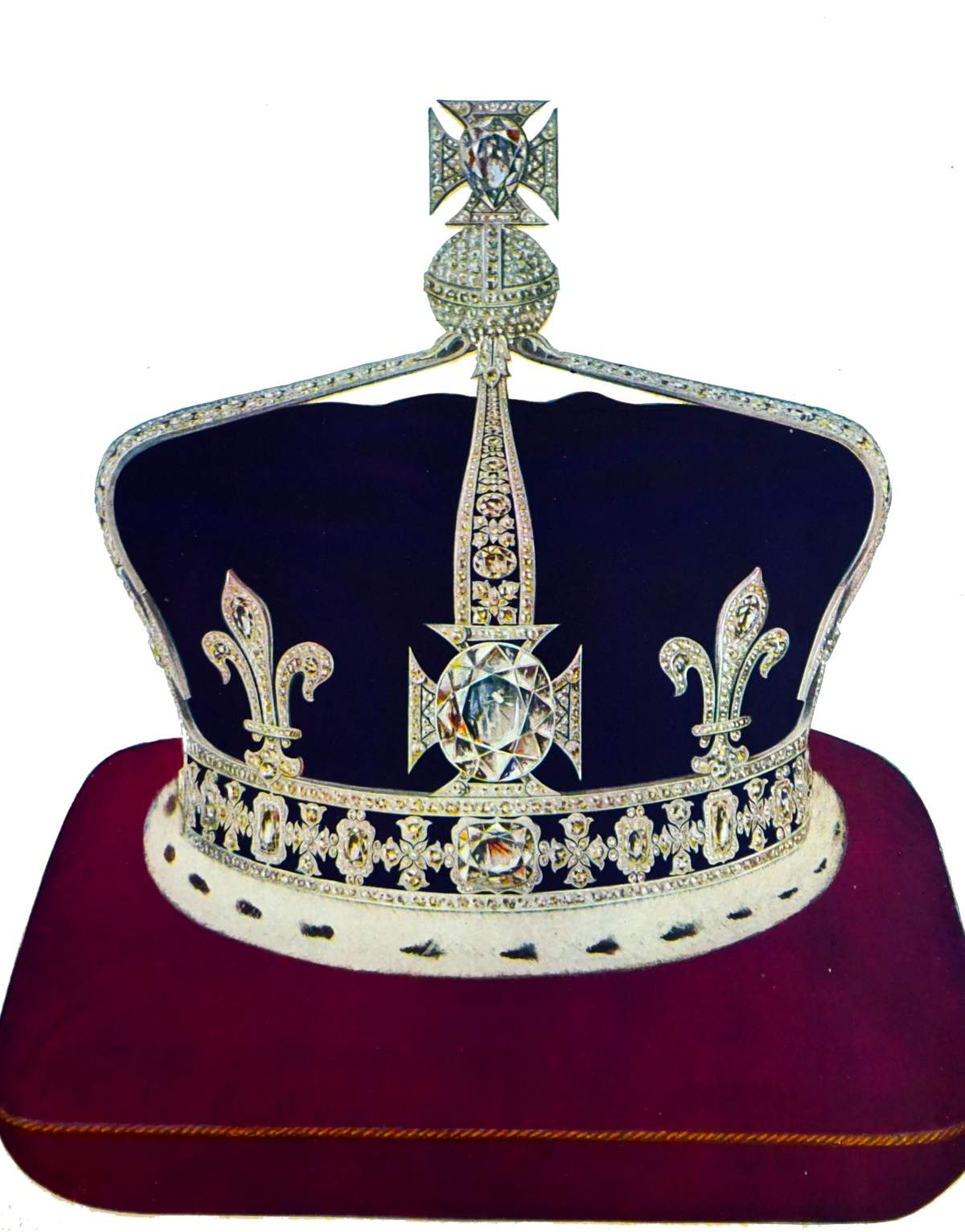 The crown, laying on a red pillow, featuring the Kohinoor diamond.
