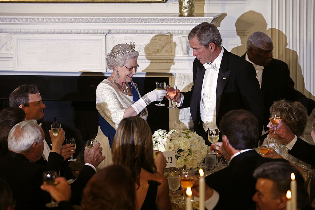 Her Majesty Queen Elizabeth II offers a toast to U.S. President George W. Bush and those gathered in the State Dining Room during a formal white-tie state dinner at the White House May 7, 2007 in Washington, DC.