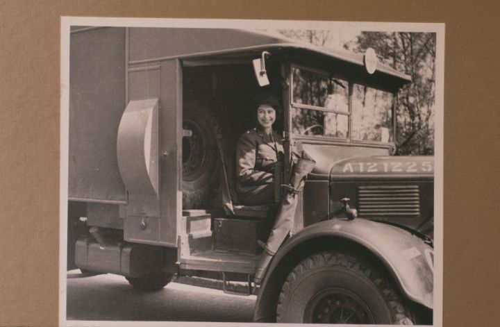 Princess Elizabeth (now Queen Elizabeth II) drives an ambulance during her wartime service in the A.T.S. (Auxiliary Territorial Service), April 10, 1945.