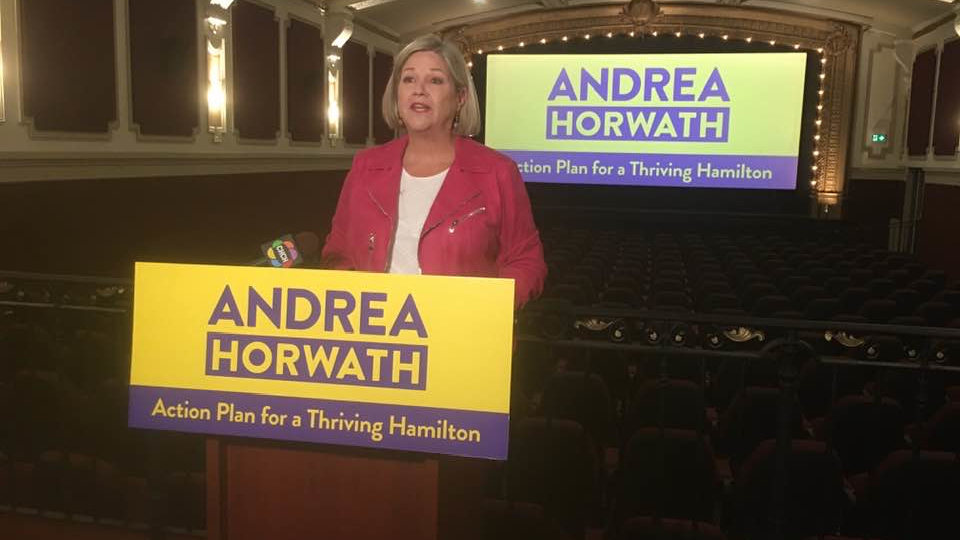 Hamilton mayoral candidate Andrea Horwath released her campaign platform Monday Sept. 12, 2022 during a presser at the Playhouse Theatre on Sherman Avenue.
