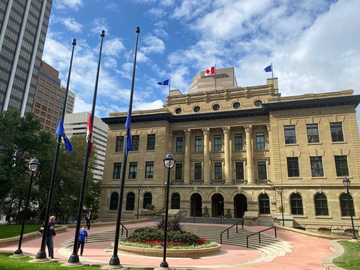 Flags at half mast at McDougall Centre in Calgary, Alta. on Sept. 8, 2022 after Queen Elizabeth II died.