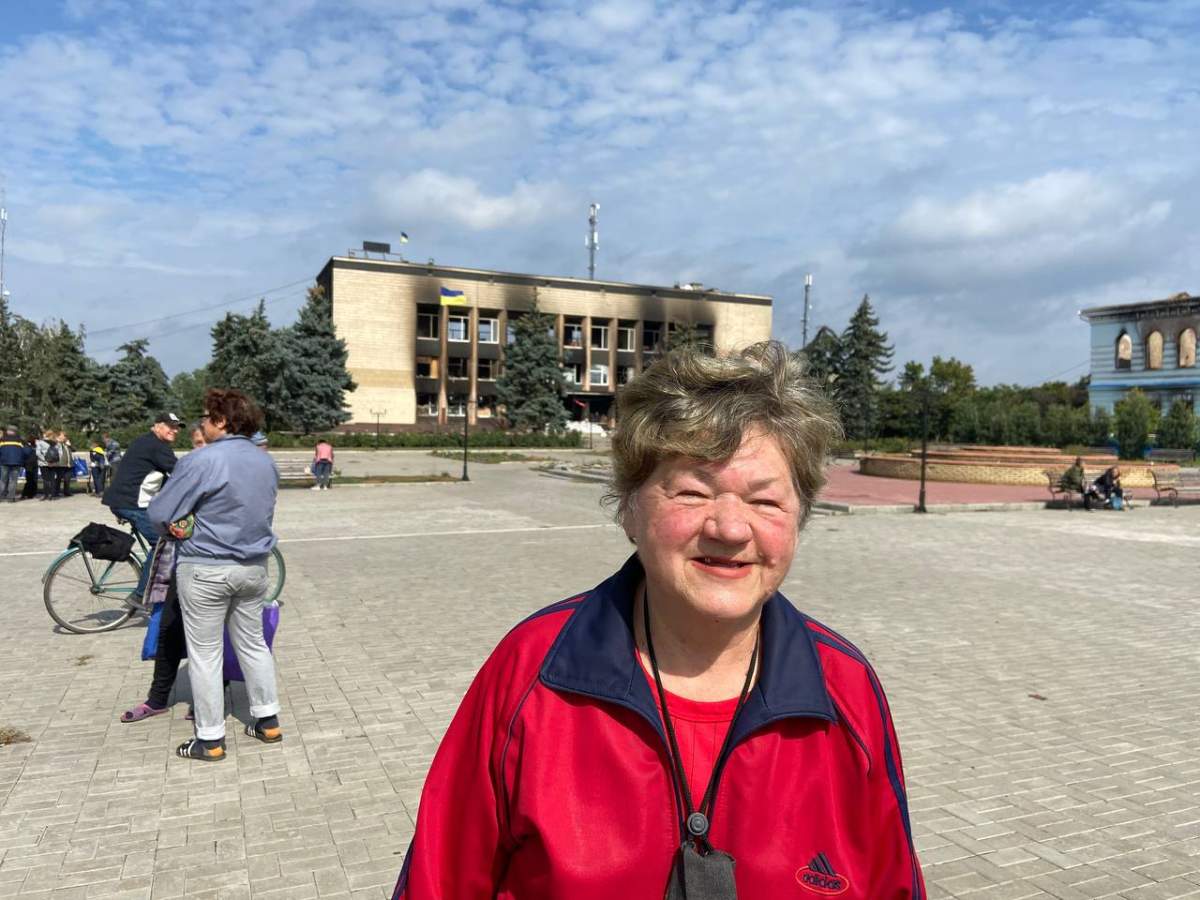 Tetiana Hrebeniuk, a Ukrainian poet, in Izyum after it was liberated.
