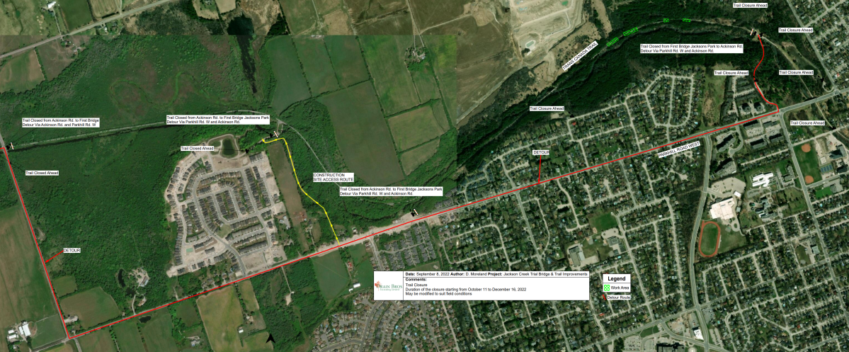 A map showing detours in place during upgrades to the Jackson Creek Trail in Peterborough.