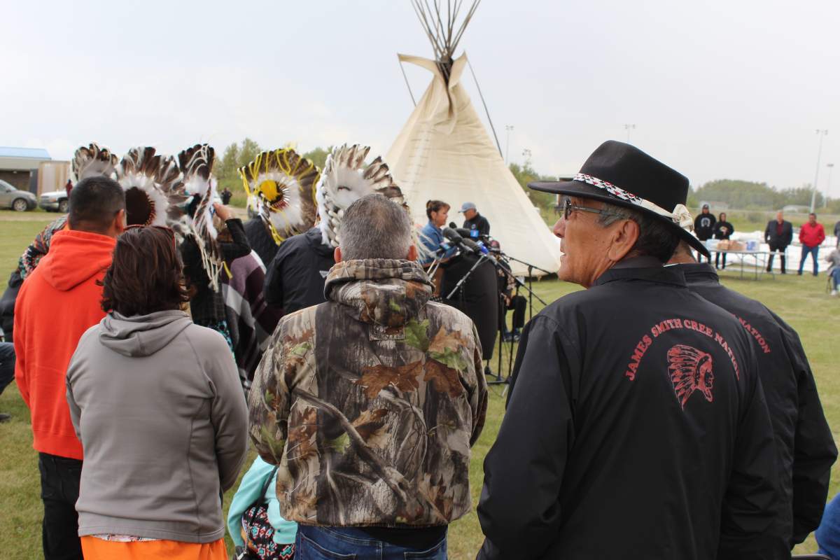Members of James Smith Cree Nation gather to support mass stabbing victims on Sept. 7, 2022.