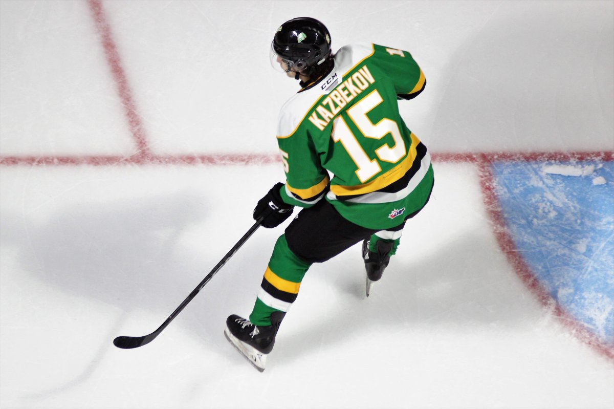 Abakar Kazbekov of the London Knights looks for a pass.