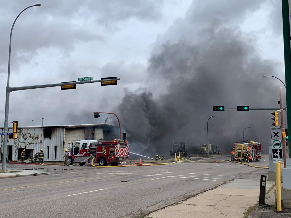 A large fire at Full Throttle Truck & Trailer Repair in Vegreville, Alta. on Monday, Sept. 19, 2022.