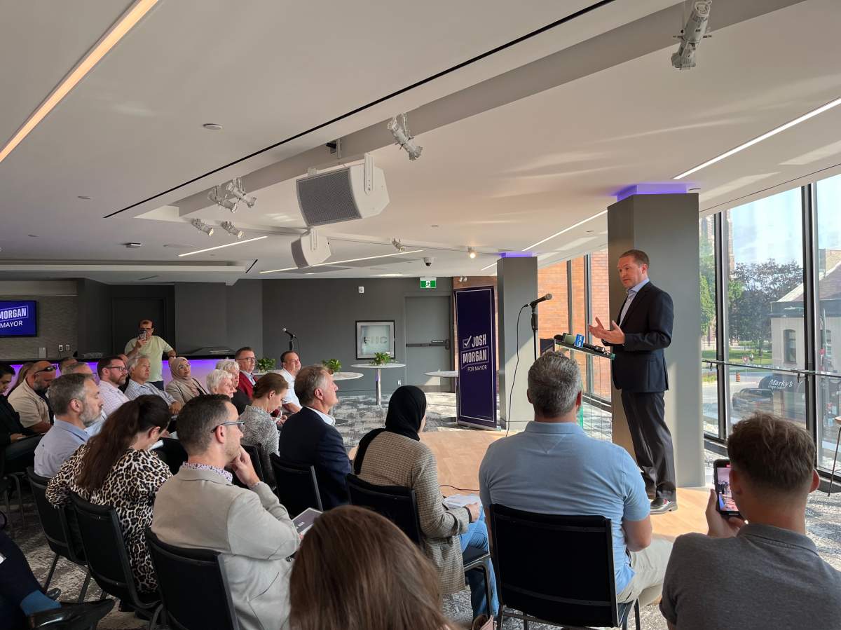 Mayoral candidate Josh Morgan addresses a crowd of supporters inside the Grand Theatre during an unveiling of his campaign's platform on Wednesday, Sept. 14.