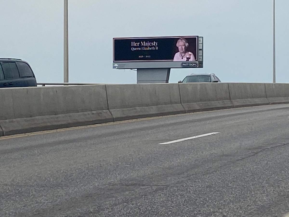 Billboards on Disraeli Bridge marking the queen’s death.