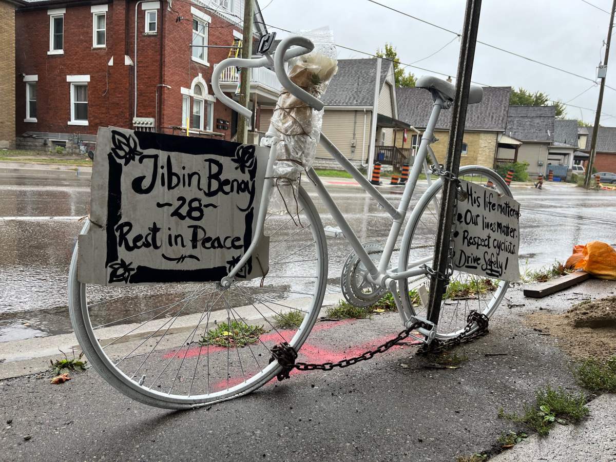 At the corner of Hamilton Road and Inkerman Street, a “ghost bike” stands in memory of Jibin Benoy, who was struck and killed there earlier this month.