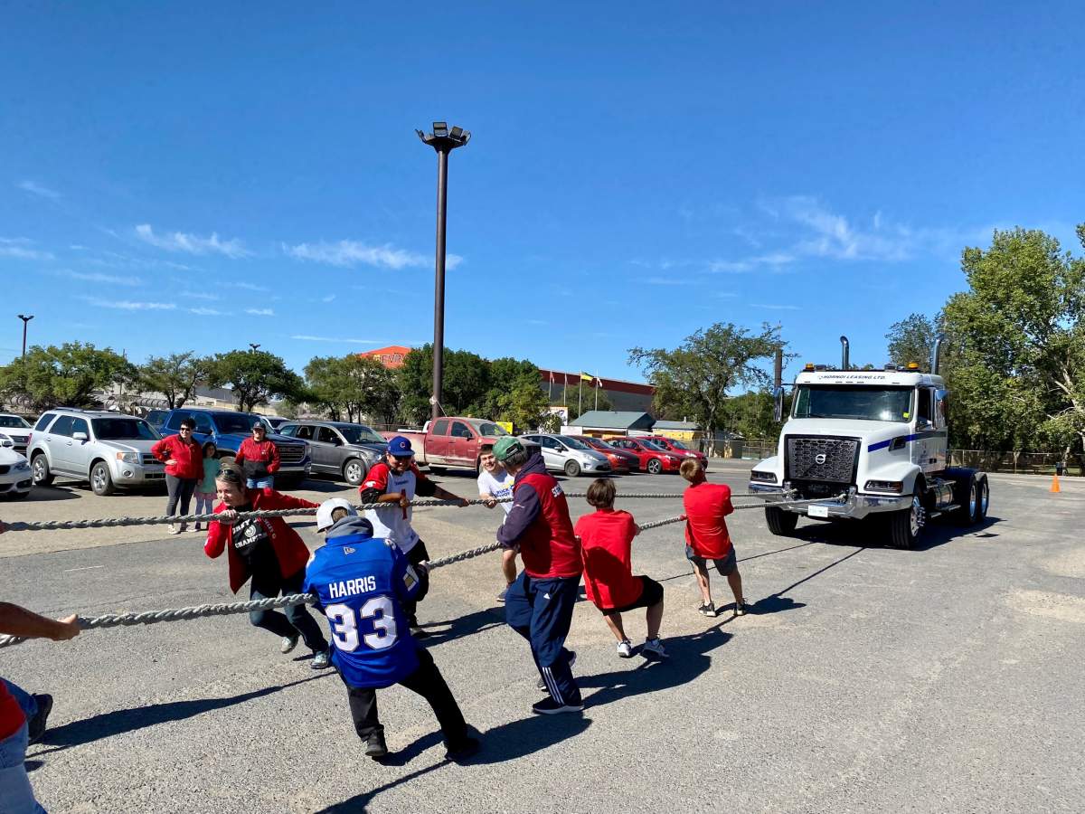 A team can be seen pulling a 15 tonne truck at this years truck pull for Special Olympics Saskatchewan. 